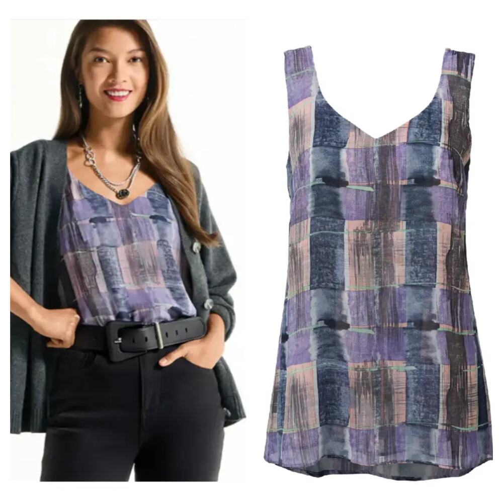 [CAbi] Quiz Top #4361 Purple Abstract Plaid Sleeveless V-Neck Blouse Sz Small S